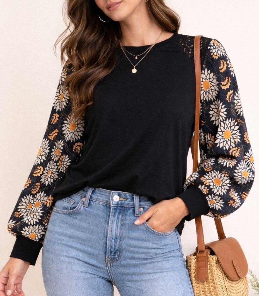 The Odells Floral Daisy Sleeve Eyelet Top Medium Black Cottage Boho Summer Indie